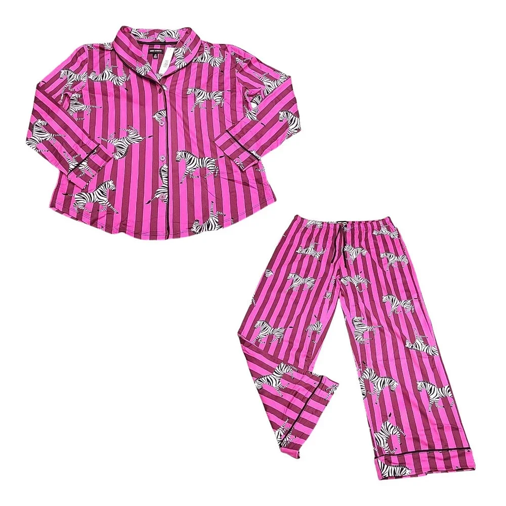 Room Service Cozy Lounge Pajama Set Sleepwear Printed Top Pants Large Size Pink - Picture 1 of 9
